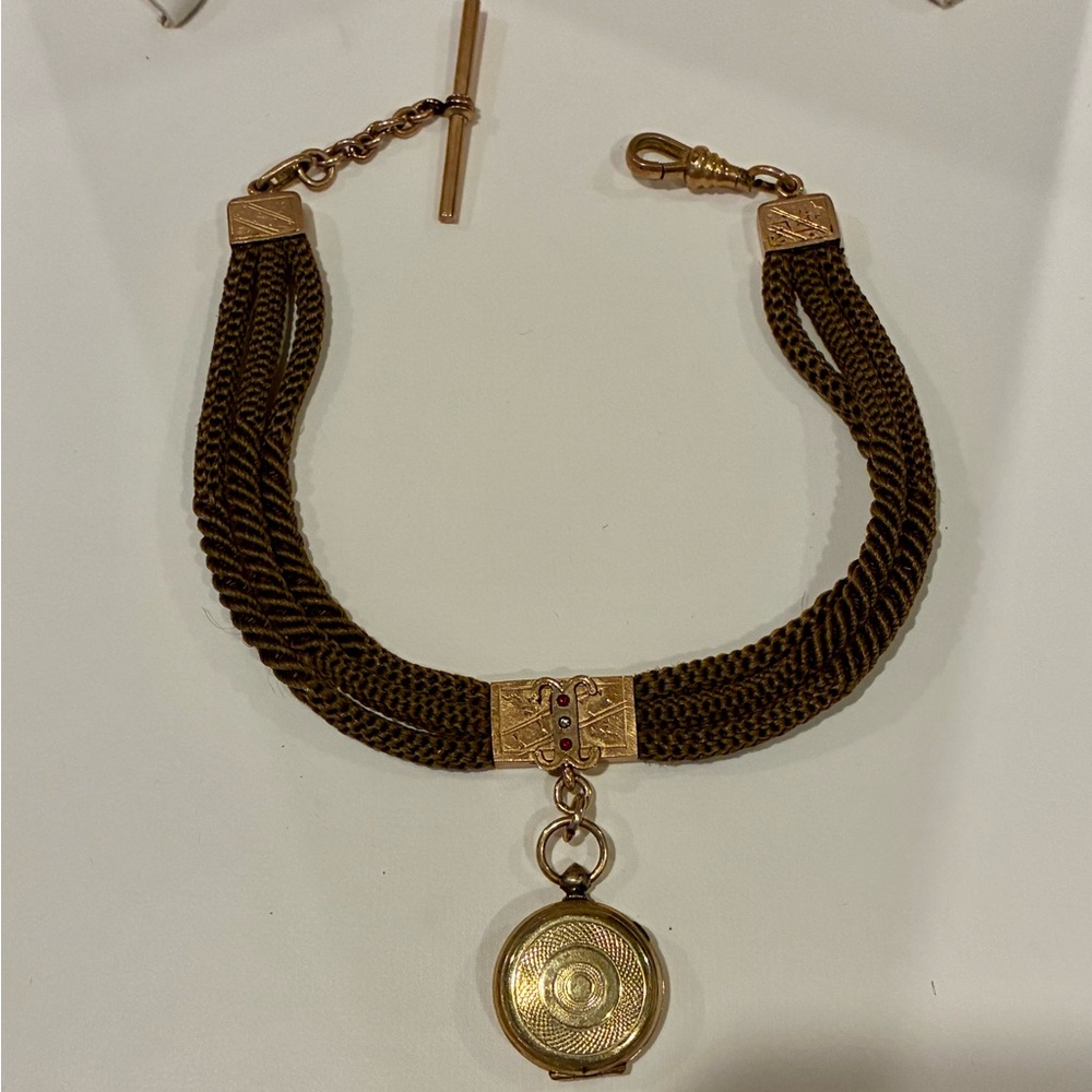 Antique Victorian F&B Mourning Braided Hair Watch Fob Chain with Locket